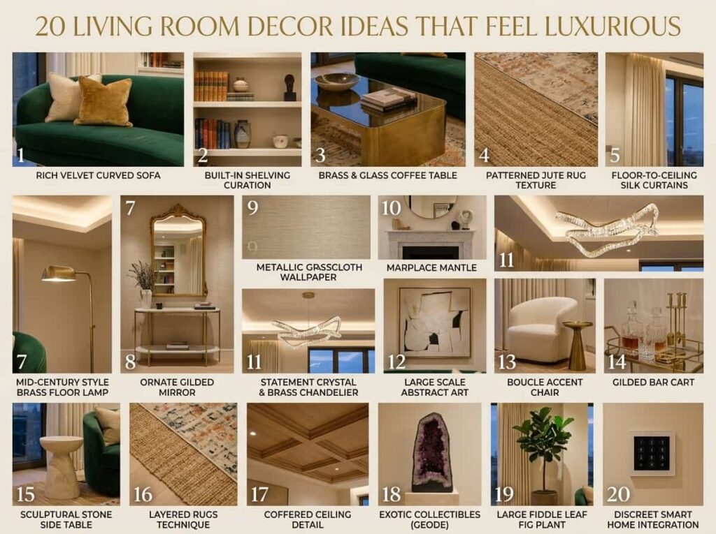 living room decor ideas 2026 luxury curved sofa layered lighting