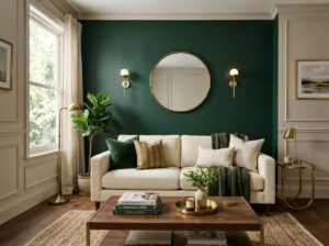 living room decor ideas deep green accent wall behind sofa