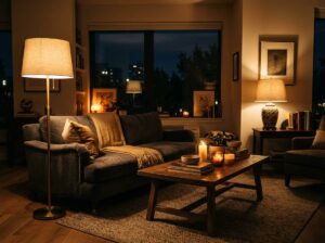 living room decor ideas layered lighting three sources 2026