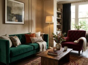 living room decor ideas velvet sofa armchair luxury 2026