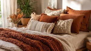 boho bedroom layered bedding earthy tones terracotta cream