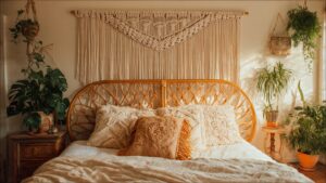 large macrame wall hanging above rattan headboard boho bedroom