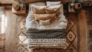 layered rugs boho bedroom jute kilim moroccan off center
