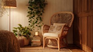 boho bedroom reading nook rattan chair plants floor lamp