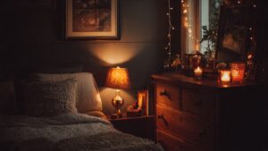 dark academia bedroom warm layered lighting lamps candles