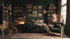 dark academia bedroom velvet armchair reading corner