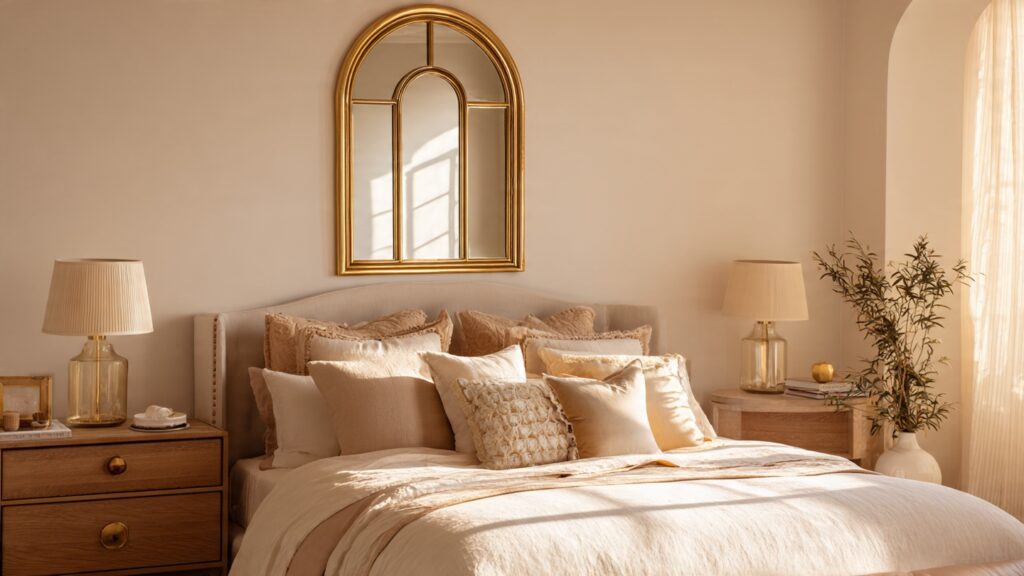 bedroom mirror ideas 2026 arched gold frame above headboard