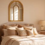 bedroom mirror ideas 2026 arched gold frame above headboard