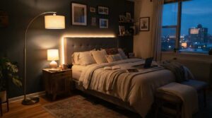 Layered lighting apartment bedroom idea
