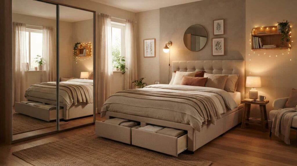 Apartment bedroom decor idea with storage bed and mirrored wardrobe