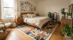  Statement rug apartment bedroom idea
