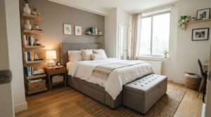 Apartment bedroom storage bed and ottoman idea
