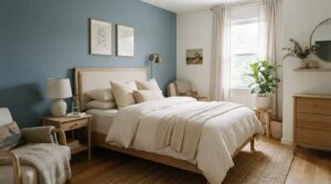 Muted accent wall apartment bedroom decor idea