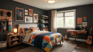 charcoal grey boys bedroom paint idea with bold accents"