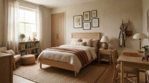forest green boys bedroom paint idea with wood furniture