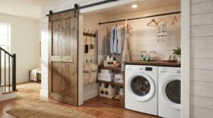 Hidden laundry closet with sliding doors, wall hooks, and a hanging rod.