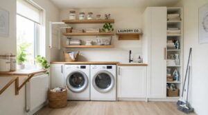 Floating shelves and vertical storage in a small laundry room for better organization.