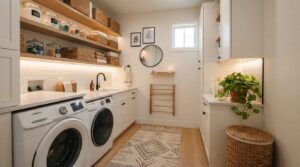 Modern small laundry room with LED lighting, decorative wall art, and indoor plants.