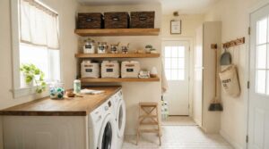 Bright small laundry room with decorative storage baskets and light-colored walls.