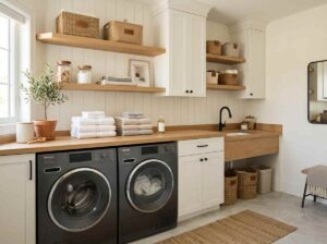 Small Laundry Room Ideas with Wooden Countertop and Front-Loading Washer