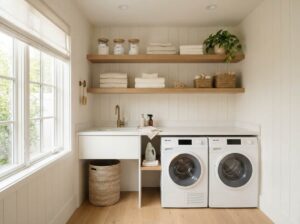 Laundry Room Storage Ideas with Floating Shelves and Organized Baskets