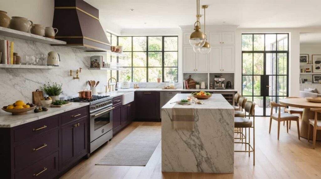"aubergine kitchen ideas with brass hardware and marble countertop"