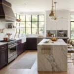 "aubergine kitchen ideas with brass hardware and marble countertop"