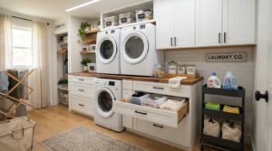 Pull-out storage drawers and clear storage containers in a small laundry room.