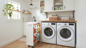 Fold-down countertop and slim storage cabinet in a compact laundry room.