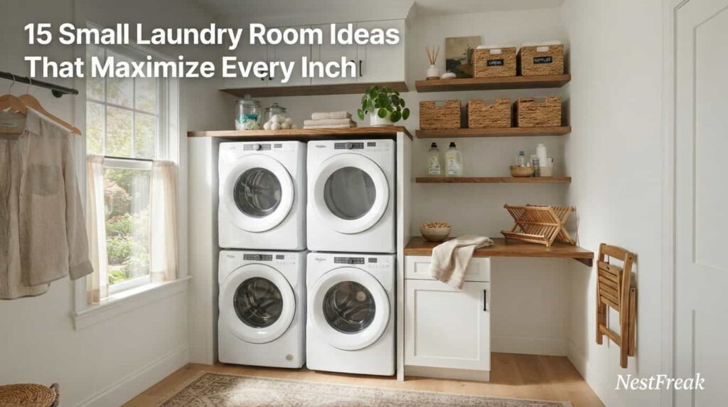 Small laundry room ideas featuring floating shelves, woven baskets, and a stacked washer and dryer.