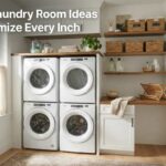 Small laundry room ideas featuring floating shelves, woven baskets, and a stacked washer and dryer.