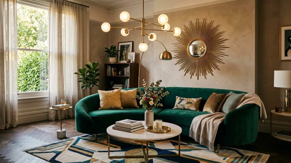 "neo deco living room ideas with curved sofa and brass accents