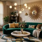"neo deco living room ideas with curved sofa and brass accents